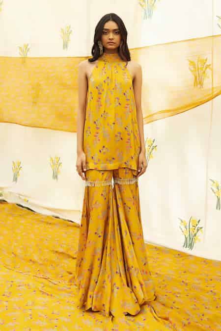 Buy Yellow Modal Satin Floral Halter Asmira Kurta And Sharara Set For ...