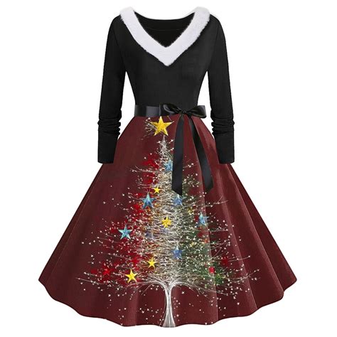 Facrlt Women's Christmas Dress, Printed Patchwork Fluffy V-Neck Waisted ...