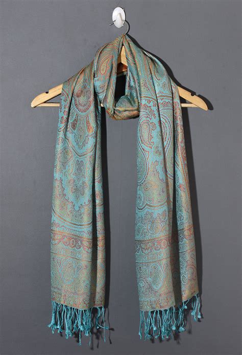 OMVAI Ornamental Paisley Premium Woven Silk Stole - Aqua Blue – OMVAI India