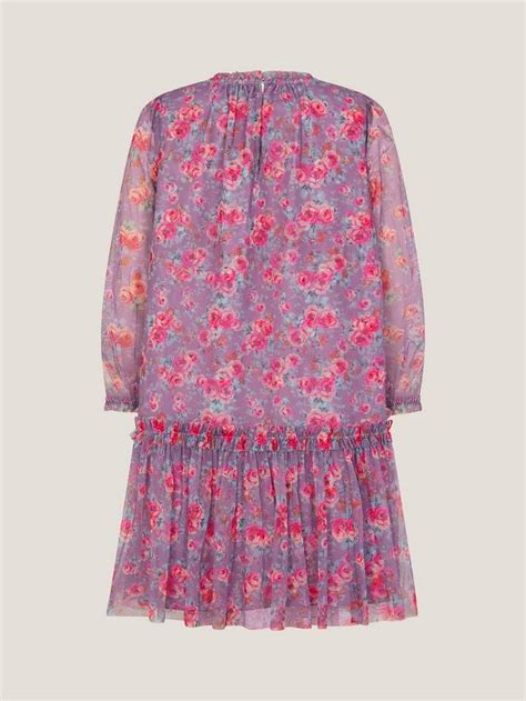 Monsoon Kids' Floral Print Mesh Long Sleeve Dress, Purple