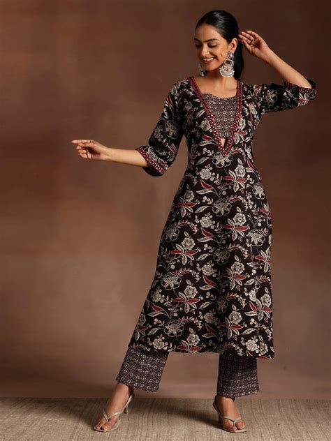 Buy Black Printed Cotton A-Line Kurta With Palazzos Online at Rs.1349 ...