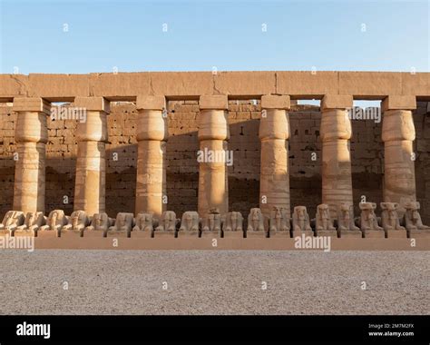 Columns and statues in the Temple of Karnak in Luxor with sunset onrange and gold light Stock ...