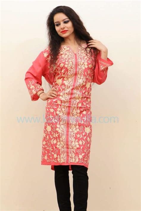 Pink colour cotton kurti with beautiful kashmiri embroidery gives