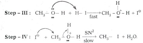 Write the mechanism of the reaction of HI with methoxymethane.