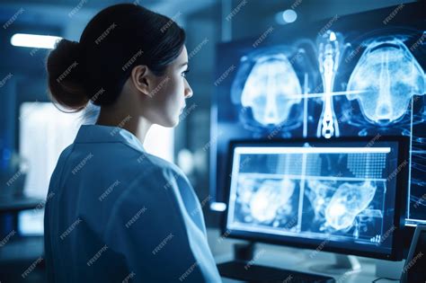 Radiology Specialist Diligently Operating Medical Imaging Equipment in a HighTech Hospital ...