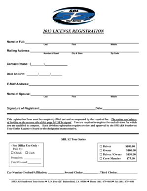 Fillable Online 2013 LICENSE REGISTRATION - SRL Southwest Tour Fax ...