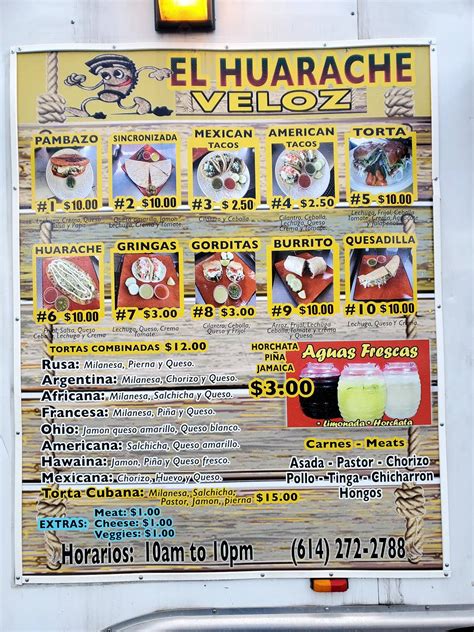 Menu at El Huarache Veloz Taco Stand restaurant, Columbus, W Broad St