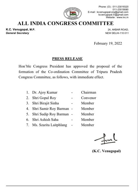 Press Release - Co-ordination Committee of Tripura PCC
