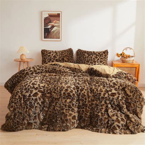 XeGe Cheetah Print Fluffy Faux Fur Duvet Cover Set, 2 Pieces Soft Plush ...