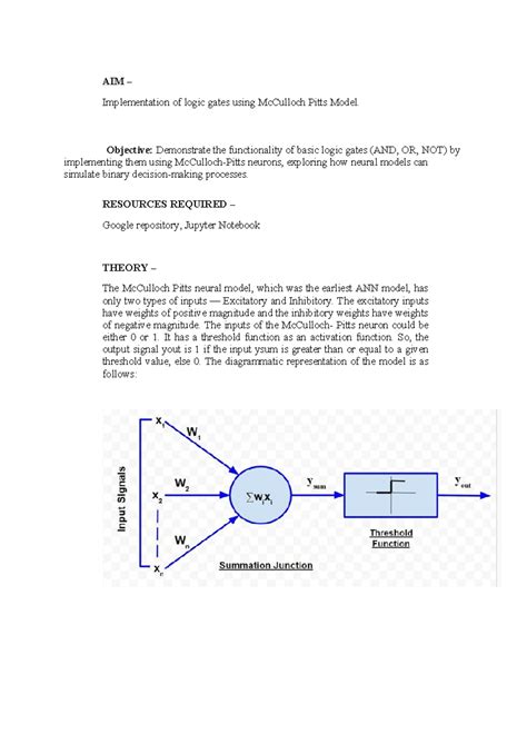 McCulloch-Pitts Model: ML Notes on Logic Gates Implementation - Studocu