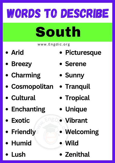 20+ Best Words to Describe South, Adjectives for South - EngDic