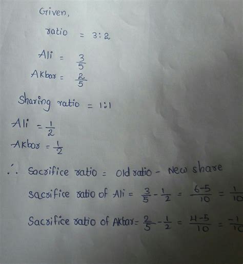 Give the sacrifice ratio. ali and akbar are partners sharing profit in ...