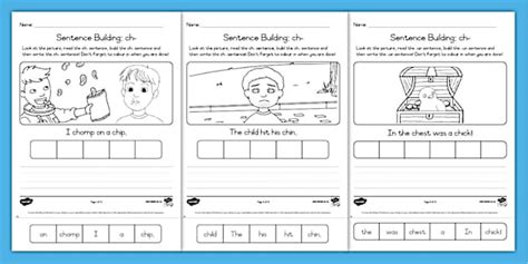 Grade 1 English - Phonics - Worksheet: Sentence Building: ch-