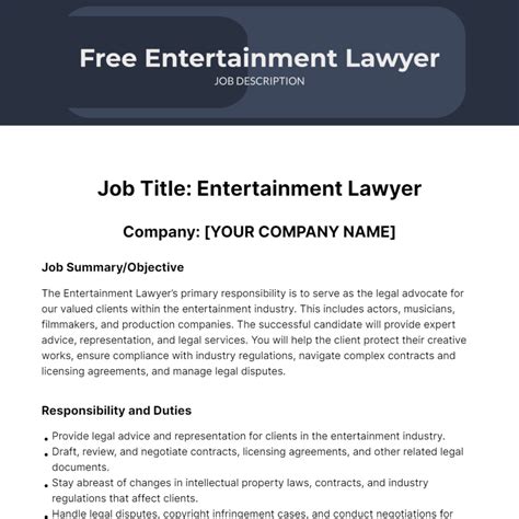 Free Entertainment Lawyer Job Description Template to Edit Online