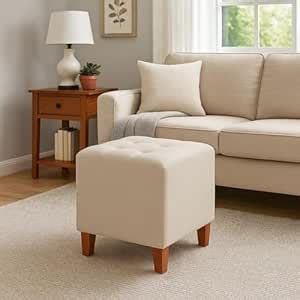 Jaico Square Ottoman Stool – Tufted Pouf with Solid Wooden Legs ...