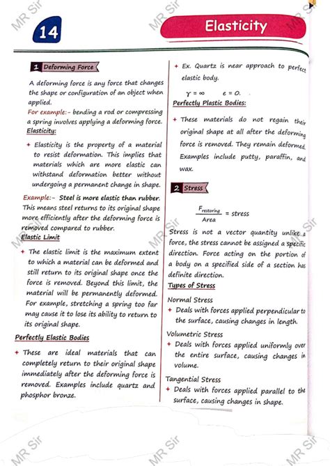 MR 14 Elasticity - Revision Notes on Deforming Forces and Stress - Studocu