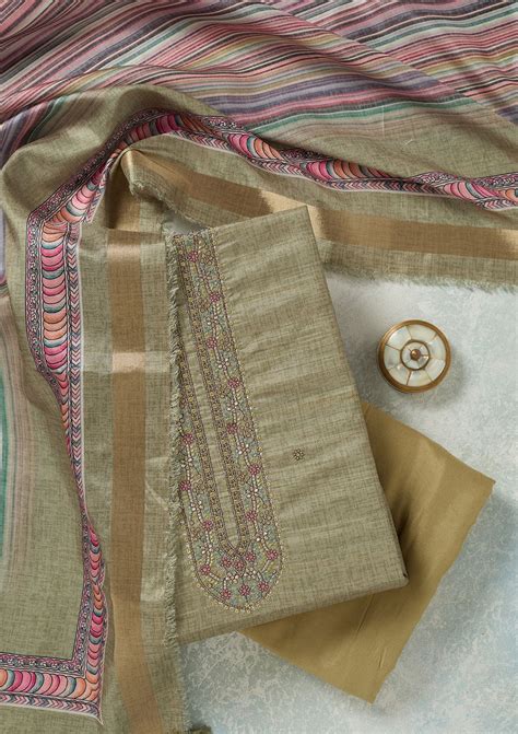 Buy Pista Green Threadwork Chanderi Unstitched Salwar Suit - Koskii