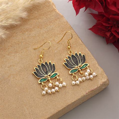 Black Color Lots Design Meenakari Earrings With Bold Ethnic Enamel Art ...