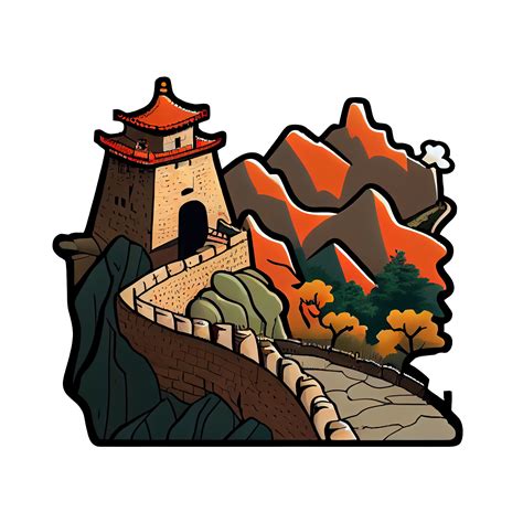 Cartoon sticker of the Great Wall of China, a famous landmark in China ...