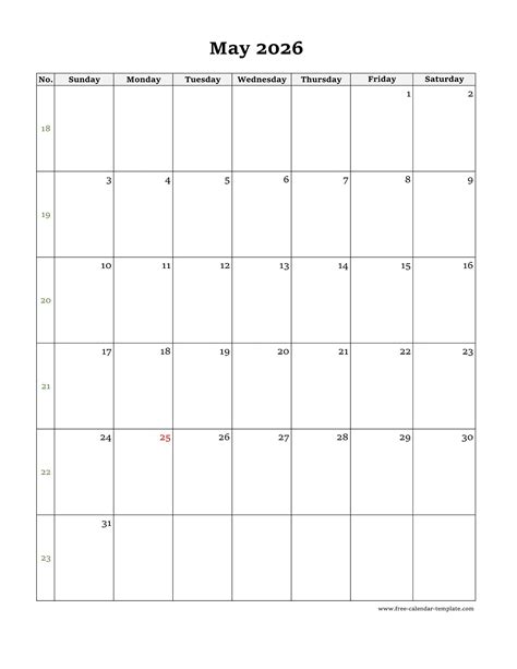 May Calendar 2026 simple design with large box on each day for notes. | Free-calendar-template.com