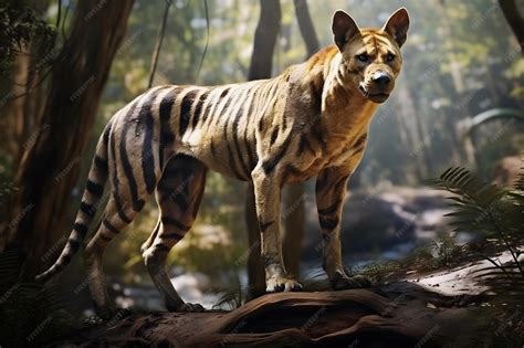 Premium AI Image | A thylacine Tasmanian tiger standing on a log in a ...