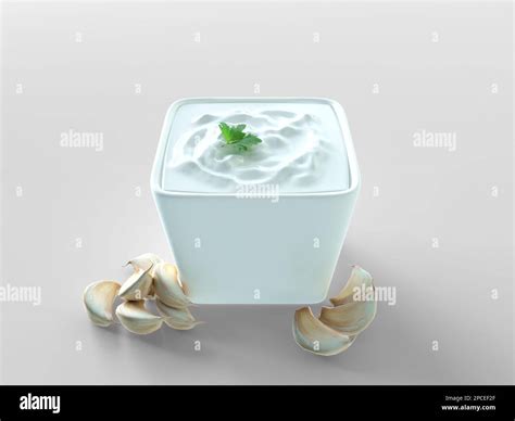 Container full of Garlic sauce. White garlic sauce bowl and heads of ...