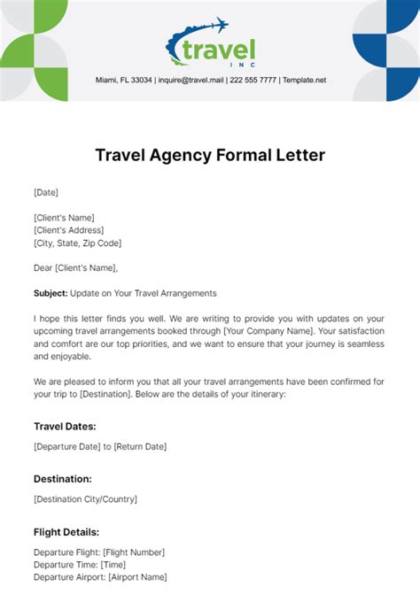 Free Travel Agency Formal Letter Template to Edit Online