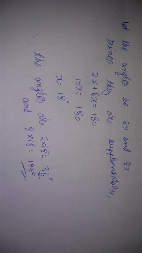 Two supplementary angles are in the ratio 2:8 find the measure of each ...