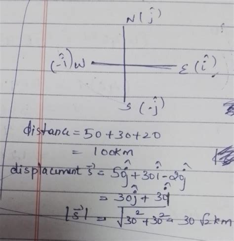A car drives 50 km north, 30 km east, and then 20 km south. Determine ...