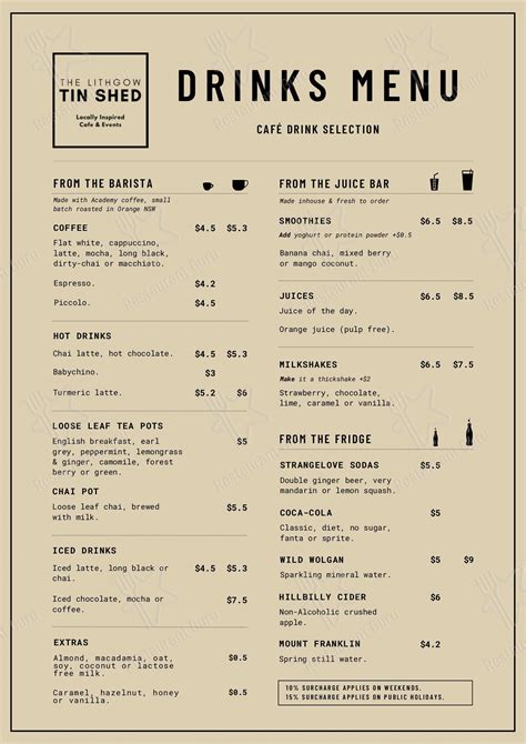 Menu at The Lithgow Tin Shed cafe, Lithgow, 69 Bridge St