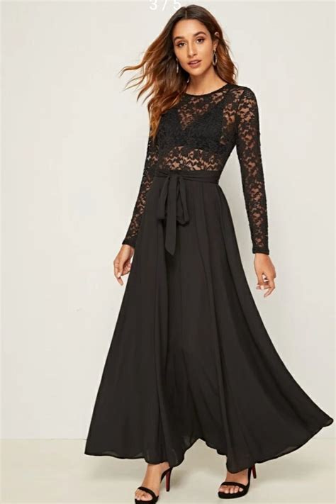 Sheer Lace Bodice Self Belted Flared One Piece Dress - Made For Her Label