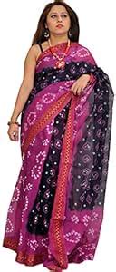 Exotic India Dark-Blue and Purple Bandhani Tie-Dye Saree from Rajasthan ...