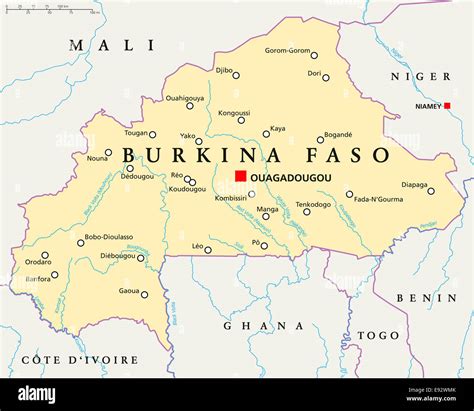 Burkina Faso Political Map with capital Ouagadougou, national borders, most important cities ...