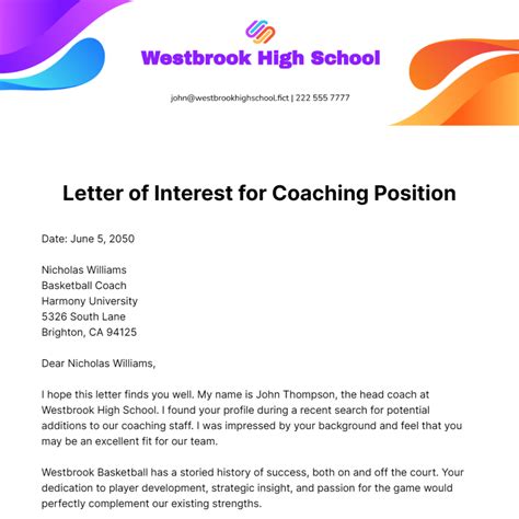 Letter of Interest for Coaching Position Template - Edit Online ...