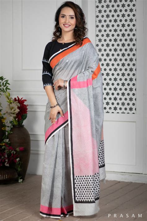 Celestial Symphonies Hand Block Printed Chanderi Silk Saree – Prasam Crafts