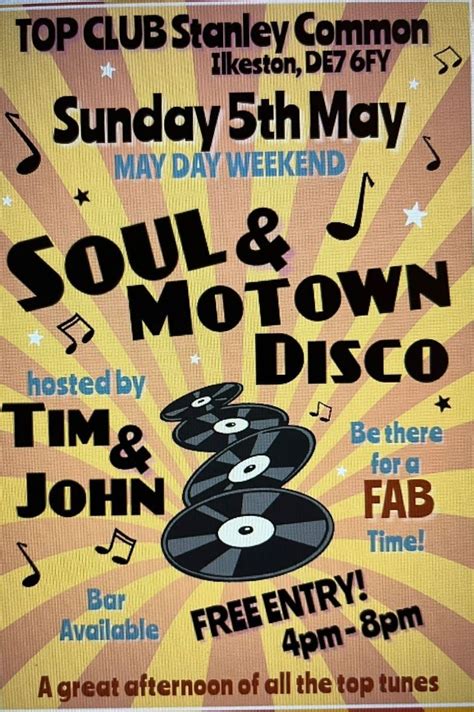Soul and Mowtown Disco night. Free entry, 338 Belper Road Stanley ...