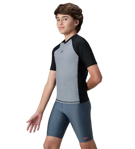Buy Speedo Boy's Enduraflex Short Sleeve Suntop - Coin Grey & Black ...
