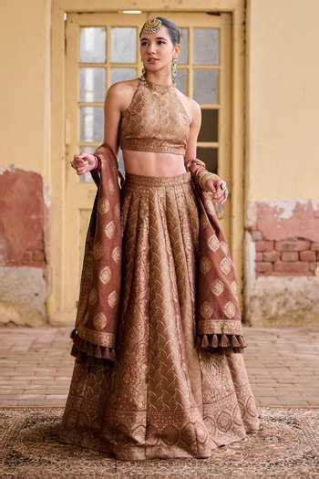 Buy Brown Vegan Silk Zari, Gota Patti Halter Neck Shabnami Woven ...