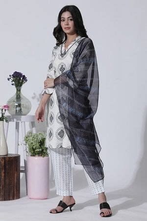 Buy White Geometric Printed V-Neck Cotton Kurta, Salwar With Dupatta ...