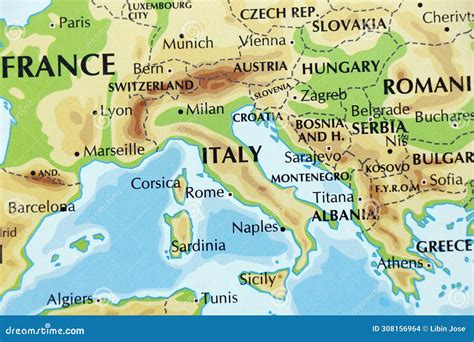 World Map of Europe, Italy, Austria, Hungary, Switzerland in Close Up ...