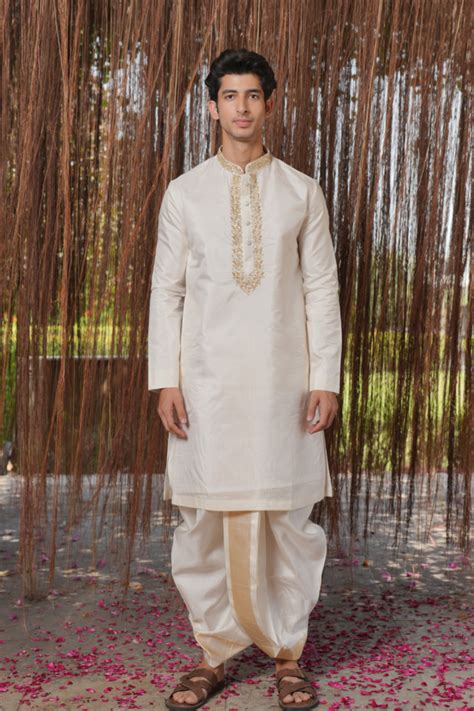 Dhvani White Men's Machine Embroidered Kanjivaram Silk Kurta Dhoti Set ...