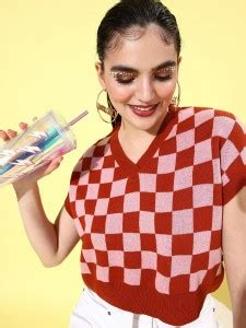 Roadster Checkered V Neck Casual Women Red Sweater - Buy Roadster ...