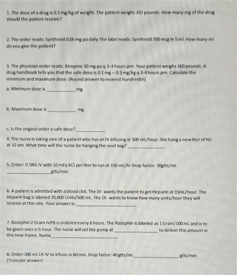 Solved 1. The dose of a drug is 0.2mg/kg of weight. The | Chegg.com