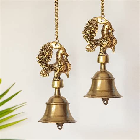 ExclusiveLane 'Elegant Peacock' Brass Hanging Bells for Pooja Room ...