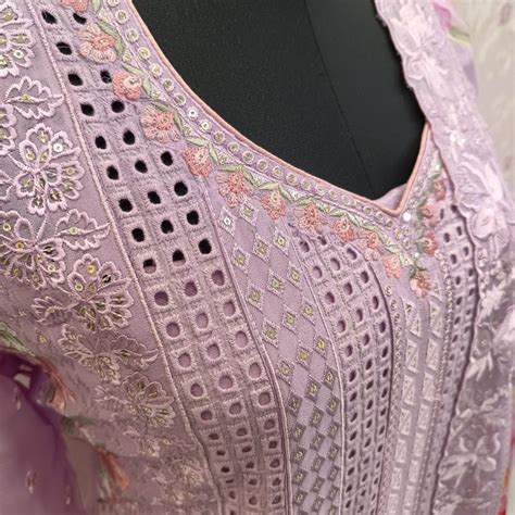 Classic Full embroidery Lilac Georgette Kurta - Highlighted Cutwork ...