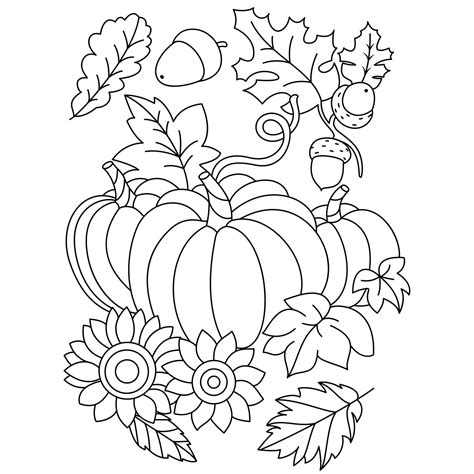 pumpkin acorn flowers autumn leaves fall thanksgiving coloring ...