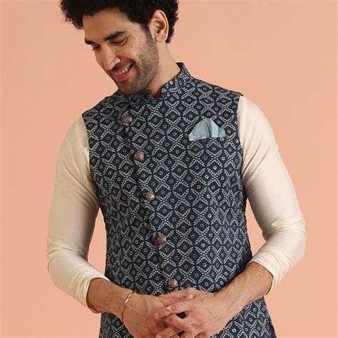 Blue Cotton Printed Nehru Jacket Bundi – Kisah