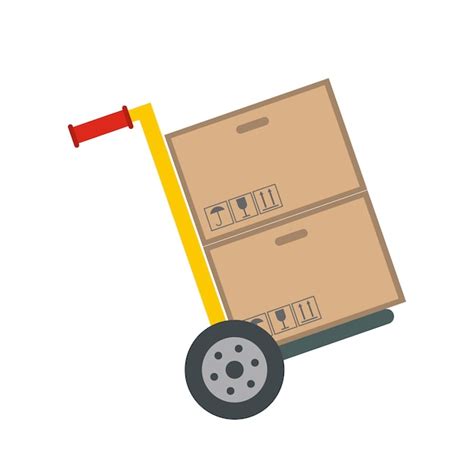 Yellow hand cart with cardboard boxes flat icon isolated on white ...