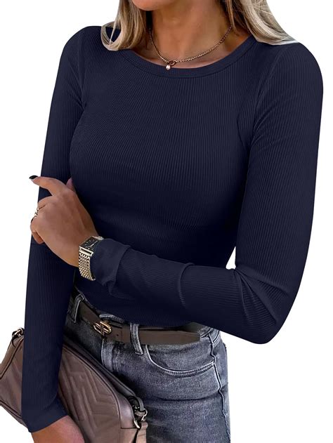 ANRABESS Women Long Sleeve Shirts Rib Knit Slim Fit Tops Basic Tee 2025 Fall Outfits Casual T-Shirt