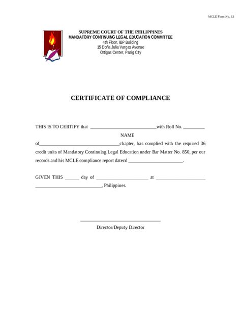 MCLE Certificate of Compliance - Blank Fillable Template | Fill Out ...